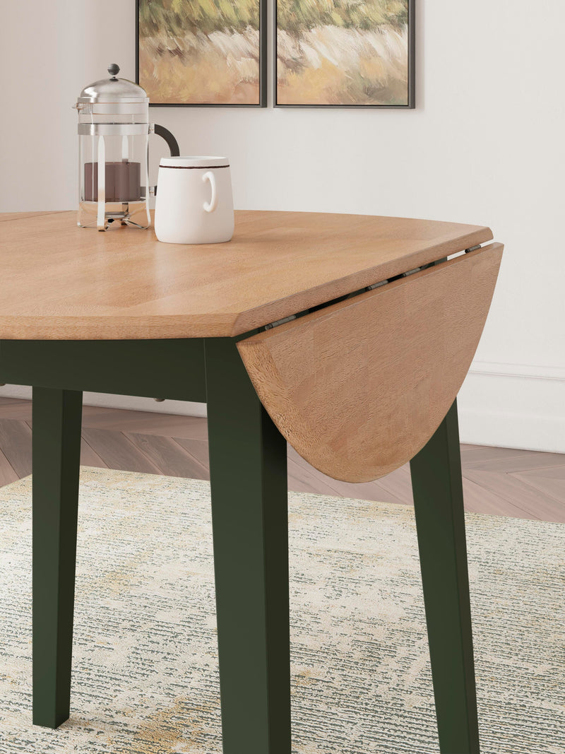 Ashley Furniture Gesthaven dining room set with a wooden table and six matching upholstered chairs, elegant and modern design.