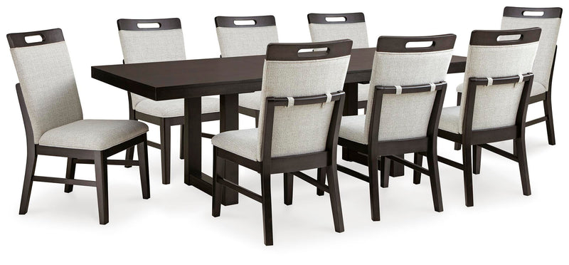 Ashley Furniture Neymorton dining room set with wooden table and six upholstered chairs in a modern dining area setting.