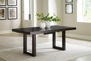 Ashley Furniture Neymorton dining room set with a wooden table and six matching chairs, featuring a leaf design and elegant finish.