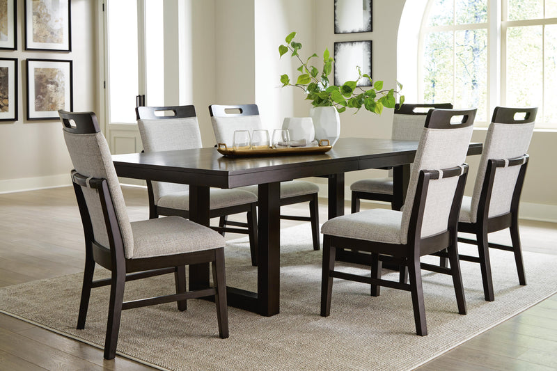 Ashley Furniture Neymorton dining room set with wooden table and six matching upholstered chairs, modern and elegant design.