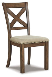 Ashley Furniture Moriville counter height dining set with wooden table and four matching chairs, shown from an angled side view.