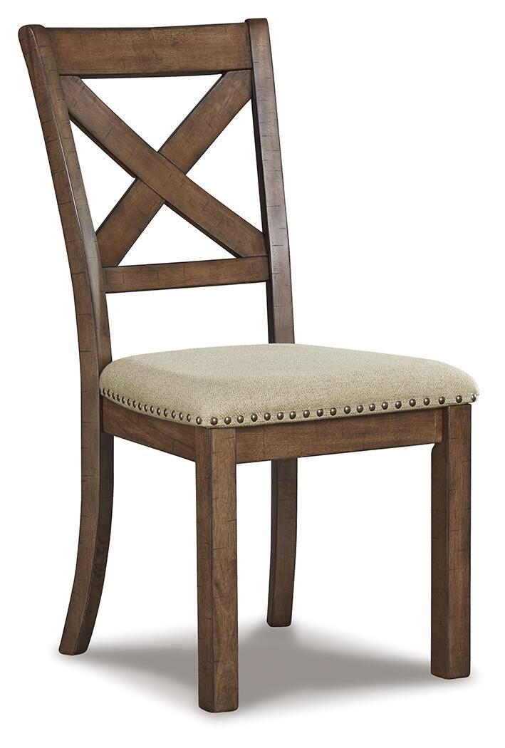 Ashley Furniture Moriville counter height dining set with wooden table and four matching chairs, shown from an angled side view.