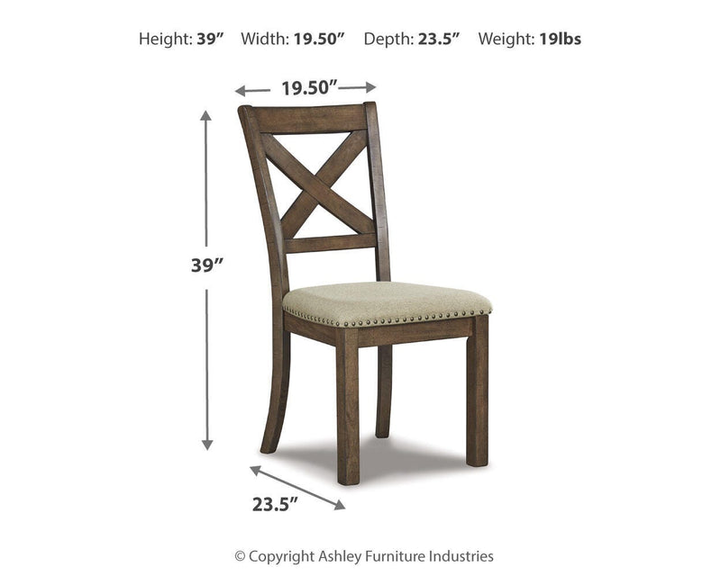 Ashley Furniture Moriville counter height dining set with a wooden table and matching chairs in a modern dining room setting.