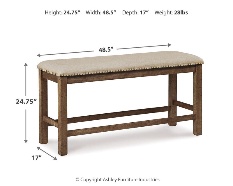 Ashley Furniture Moriville counter height dining set with a wooden table and matching chairs in a modern dining room style.