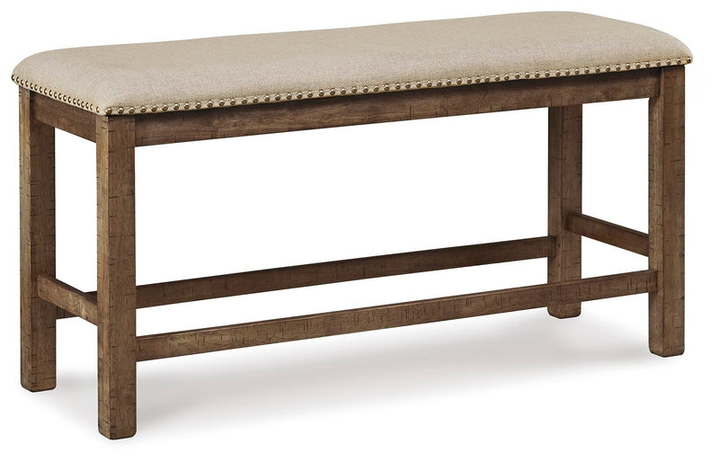 Ashley Furniture Moriville counter height dining set with four chairs and a rectangular table in a modern dining room setting.