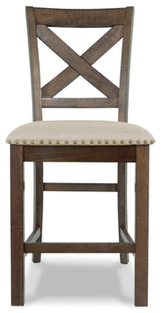 Ashley Furniture Moriville counter height dining set with table and six chairs, showcasing elegant wood finish and contemporary design.