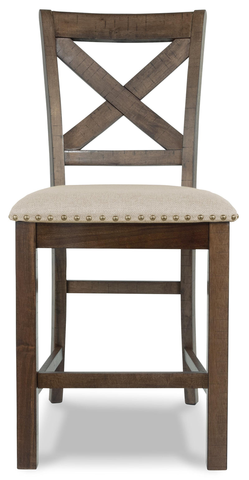 Ashley Furniture Moriville counter height dining set with table and six chairs, showcasing elegant wood finish and contemporary design.
