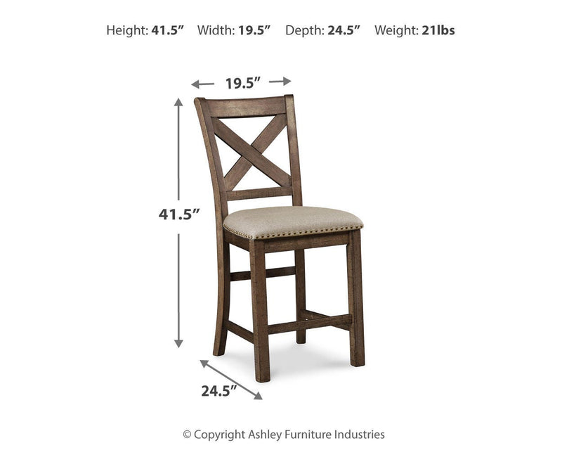 Ashley Furniture Moriville counter height dining set with wooden table and matching chairs, ideal for modern dining rooms.