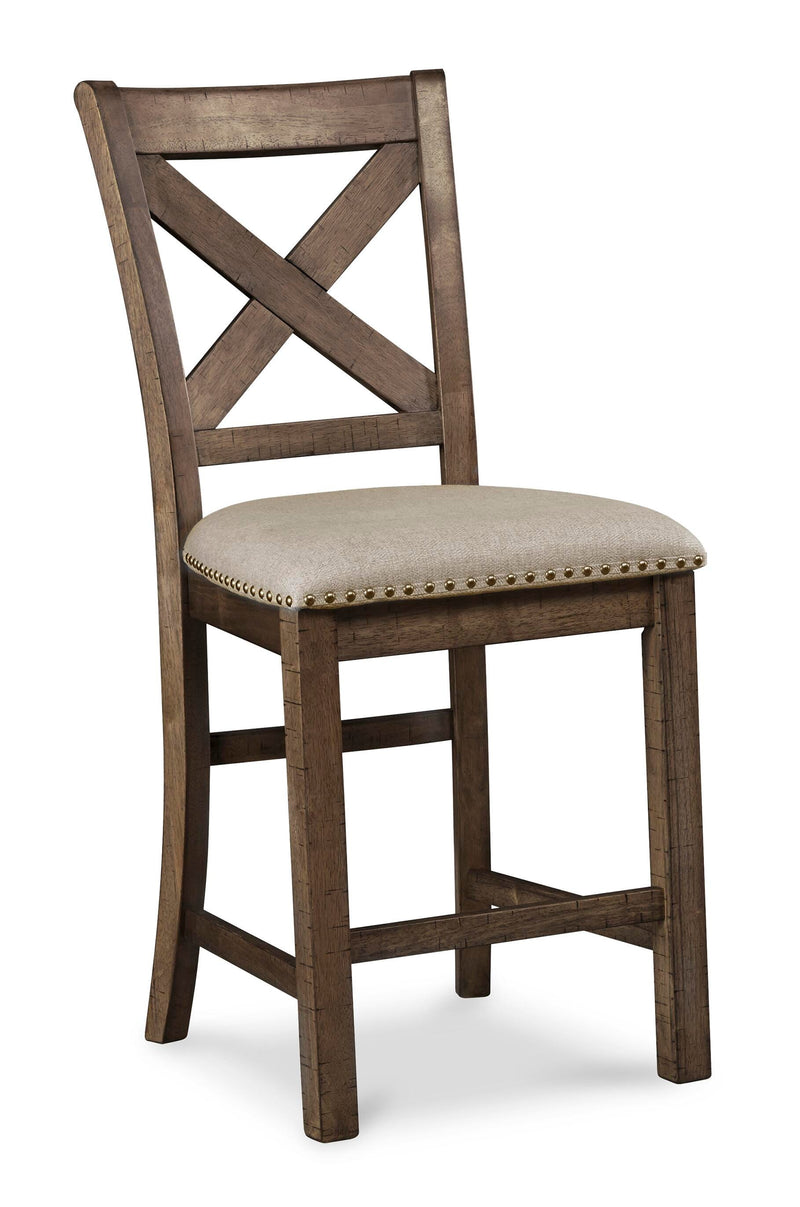 Ashley Furniture Moriville counter height dining set with a wooden table and matching chairs in a modern dining room setting.