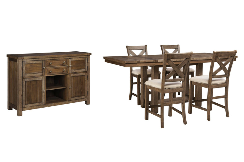 Ashley Furniture Moriville counter height dining set with wood table and four matching chairs in a modern dining room setting.