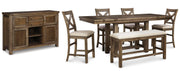 Ashley Furniture Moriville counter height dining set with wooden table and matching chairs in a modern dining room.