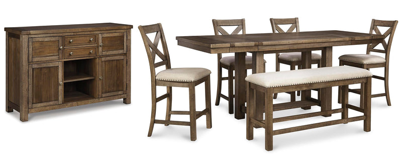 Ashley Furniture Moriville counter height dining set with wooden table and matching chairs in a modern dining room.
