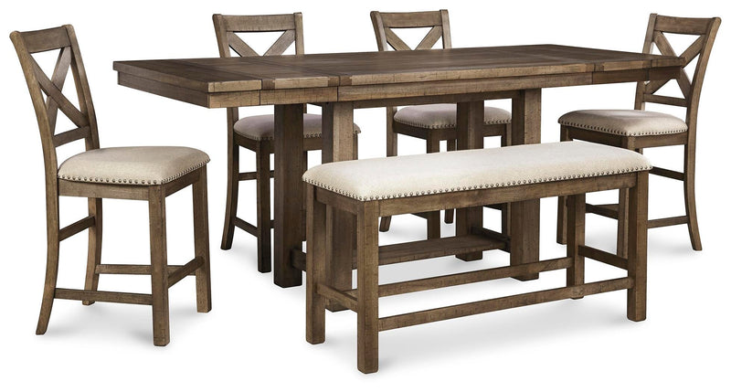 Ashley Furniture Moriville counter height dining set with a wooden table and matching chairs in a modern dining room.