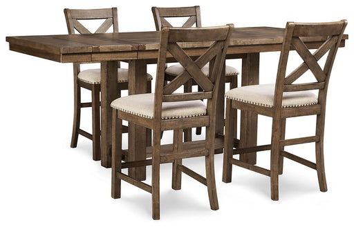 Ashley Furniture Moriville counter height dining set with a wooden table and matching chairs in a modern dining room style.