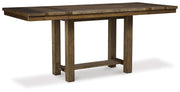 Moriville counter height dining set by Ashley Furniture with a wooden table and matching chairs in a modern dining room setting.