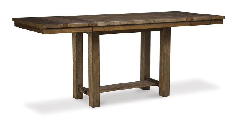 Moriville counter height dining set by Ashley Furniture with wooden table and matching chairs in a modern dining room.