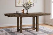 Ashley Furniture Moriville counter height dining set with a wooden table and matching chairs, in a warm brown finish.