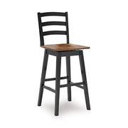 Ashley Furniture Wildenauer bar height barstool with a wooden seat and metal frame, shown from an angled side view.