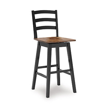 Ashley Furniture Wildenauer bar height barstool with a wooden seat and metal frame, shown from an angled side view.