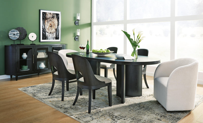 Ashley Furniture Rowanbeck dining room set with a rectangular table and matching chairs, featuring a warm wood finish.