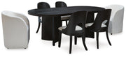 Ashley Furniture Rowanbeck dining room set with table and chairs, modern design in warm wood finish.