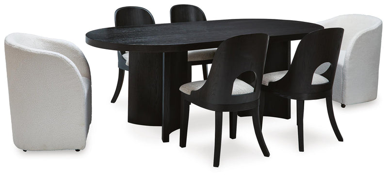 Ashley Furniture Rowanbeck dining room set with table and chairs, modern design in warm wood finish.