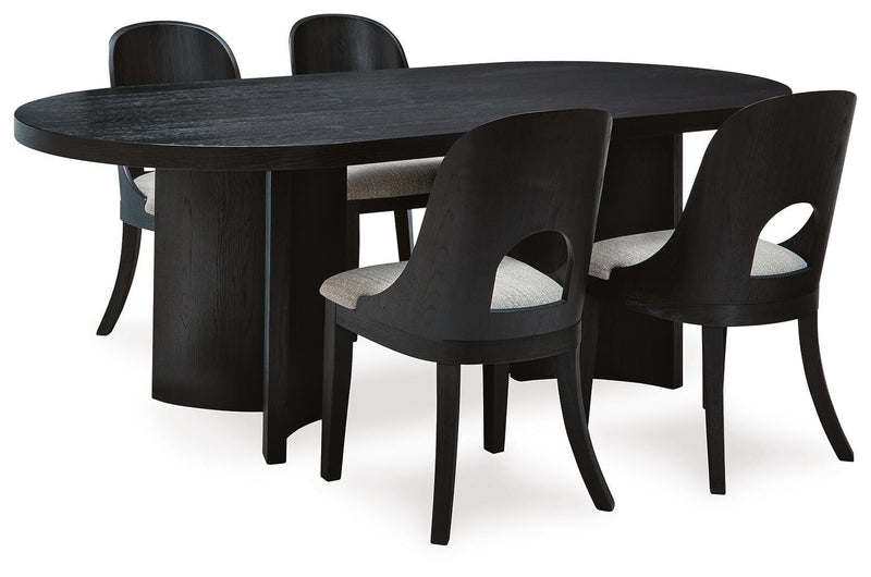 Ashley Furniture Rowanbeck dining room set with wooden table and matching chairs in a modern dining space.