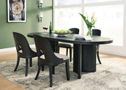 Ashley Furniture Rowanbeck dining room set with a table and chairs in a modern dining space.