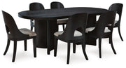 Ashley Furniture Rowanbeck dining room set with a wooden table and matching chairs, styled in a modern dining room setting.