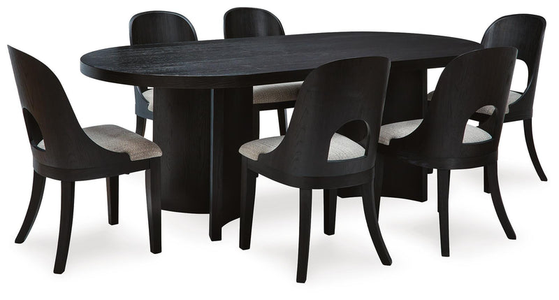Ashley Furniture Rowanbeck dining room set with a wooden table and matching chairs, styled in a modern dining room setting.