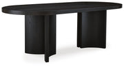 Ashley Furniture Rowanbeck dining room set with a rectangular table and six upholstered chairs, viewed from an angled perspective.