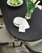 Ashley Furniture Rowanbeck dining room set with a wooden table and matching chairs, detailed view of the dining package.