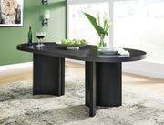 Ashley Furniture Rowanbeck dining room set with a wooden table and six upholstered chairs, stylish and modern for dining spaces.
