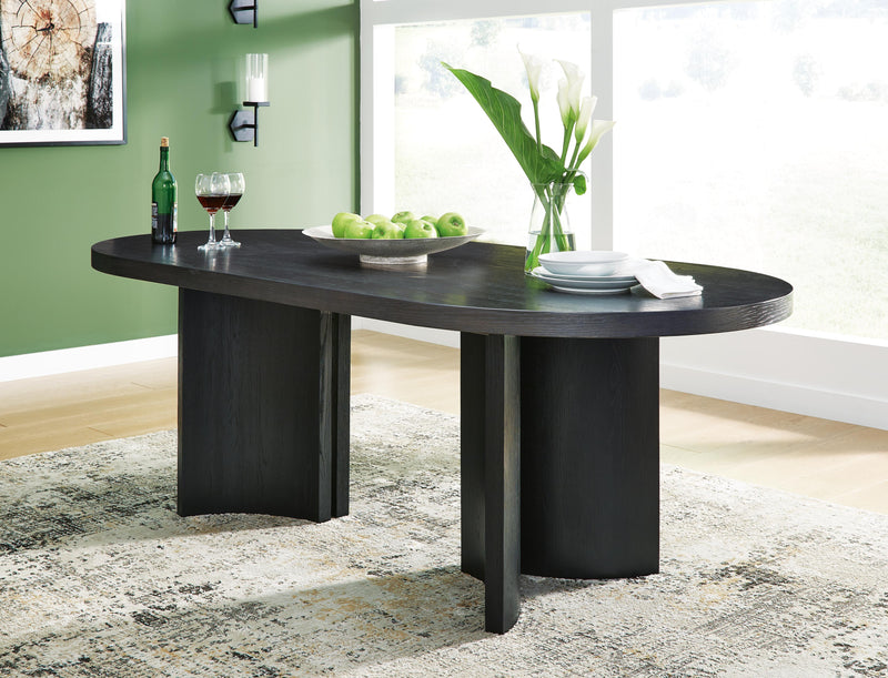 Ashley Furniture Rowanbeck dining room set with a wooden table and six upholstered chairs, stylish and modern for dining spaces.