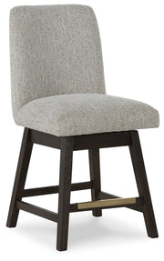 Ashley Furniture Burkhaus dining room set with a wooden table and six upholstered chairs, shown from an angled side view.