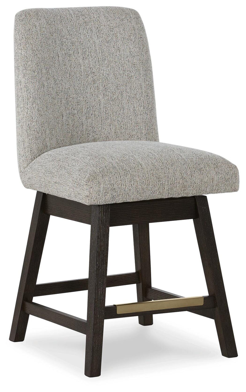 Ashley Furniture Burkhaus dining room set with a wooden table and six upholstered chairs, shown from an angled side view.
