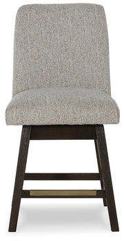 Ashley Furniture Burkhaus dining room set with a table and six chairs, showcasing a modern design in a stylish dining area.