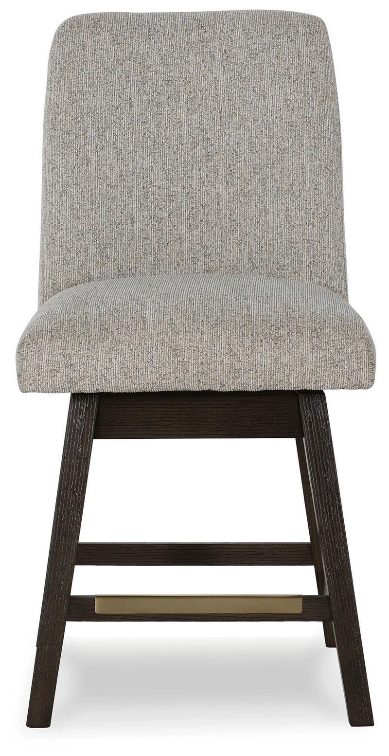 Ashley Furniture Burkhaus dining room set with a table and six chairs, showcasing a modern design in a stylish dining area.