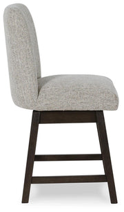 Ashley Furniture Burkhaus dining room set with a wooden table and six matching chairs, shown from the side view.