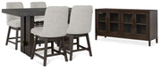 Ashley Furniture Burkhaus dining room set with a wooden table and six upholstered chairs, shown in a modern dining area.