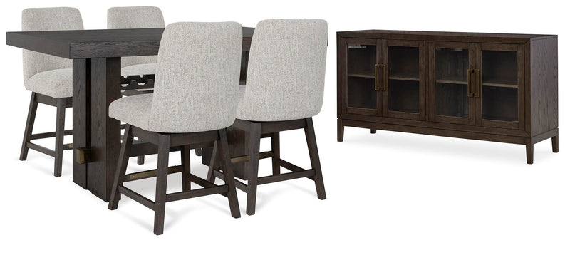 Ashley Furniture Burkhaus dining room set with a wooden table and six upholstered chairs, shown in a modern dining area.