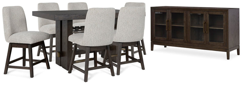Ashley Furniture Burkhaus dining room set with a wooden table and matching chairs, shown in a modern dining area.