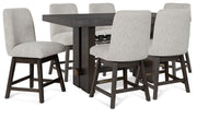 Ashley Furniture Burkhaus dining room set with wooden table and six matching chairs in a modern dining space.