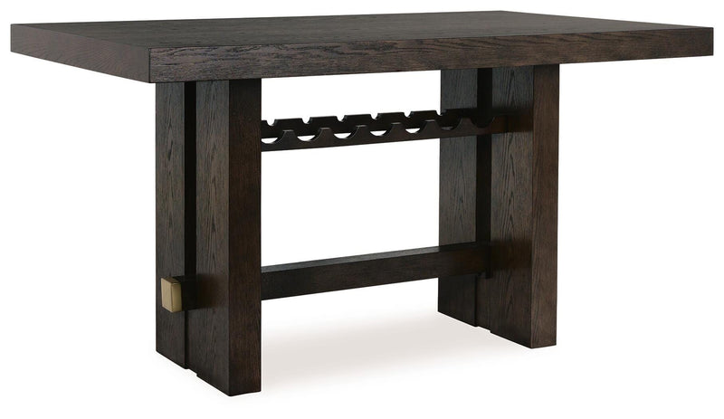 Ashley Furniture Burkhaus dining room set with a wooden table and matching chairs, shown from an angled side view.