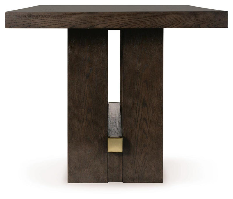 Ashley Furniture Burkhaus dining room set with a wooden table and matching chairs in a modern dining space.