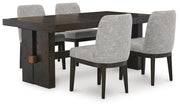 Ashley Furniture Burkhaus dining room set with a wooden table and six upholstered chairs, shown in a modern dining space.