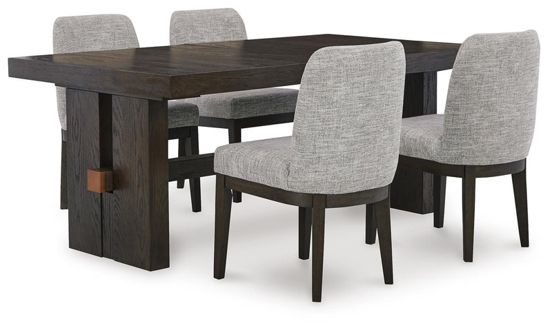 Ashley Furniture Burkhaus dining room set with a wooden table and six upholstered chairs, shown in a modern dining space.