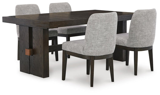 Ashley Furniture Burkhaus dining room set with a wooden table and six upholstered chairs, shown in a modern dining space.