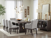 Ashley Furniture Burkhaus dining room set with a wood table and six upholstered chairs, modern design in a warm wood finish.