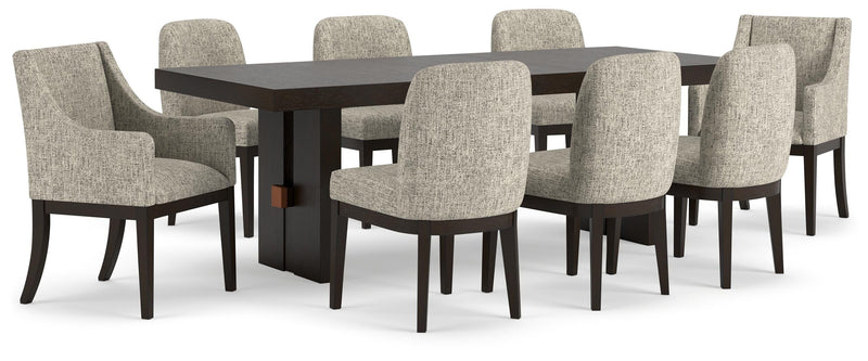 Ashley Furniture Burkhaus dining room set with wooden table and six upholstered chairs, modern design in warm wood finish
